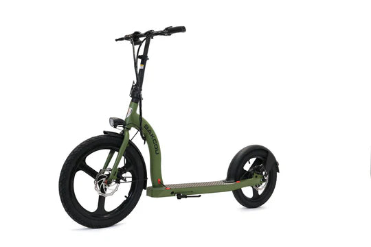 Bakcou Badger Electric Scooter - Left Angle View, Matte Army Green Frame with Key Start and Twist Throttle