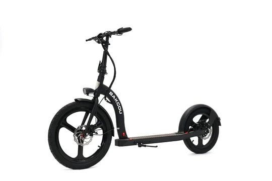 Bakcou Badger Electric Scooter - Left Angle View, Matte Black Frame with 36V Battery and Wide Handlebars