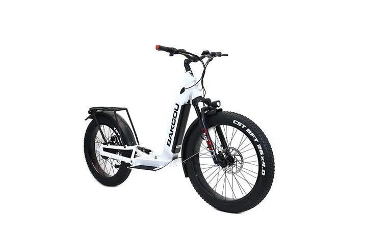 Bakcou Grizzly Electric Hunting Scooter - Left Angle View, Gloss White Frame with Fat Tires and Full Suspension