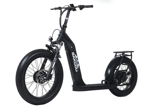 Bakcou Timberwolf AWD Electric Scooter - Left Angle View, Matte Black Frame with All-Terrain Fat Tires and AWD Control