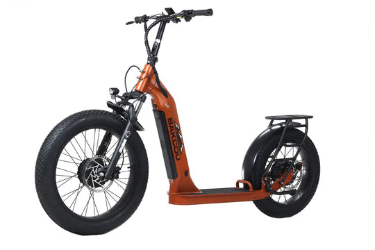 Bakcou Timberwolf AWD Electric Scooter - Left Angle View, Matte Burnt Orange Frame with Dual 750W Motors and Hydraulic Brakes