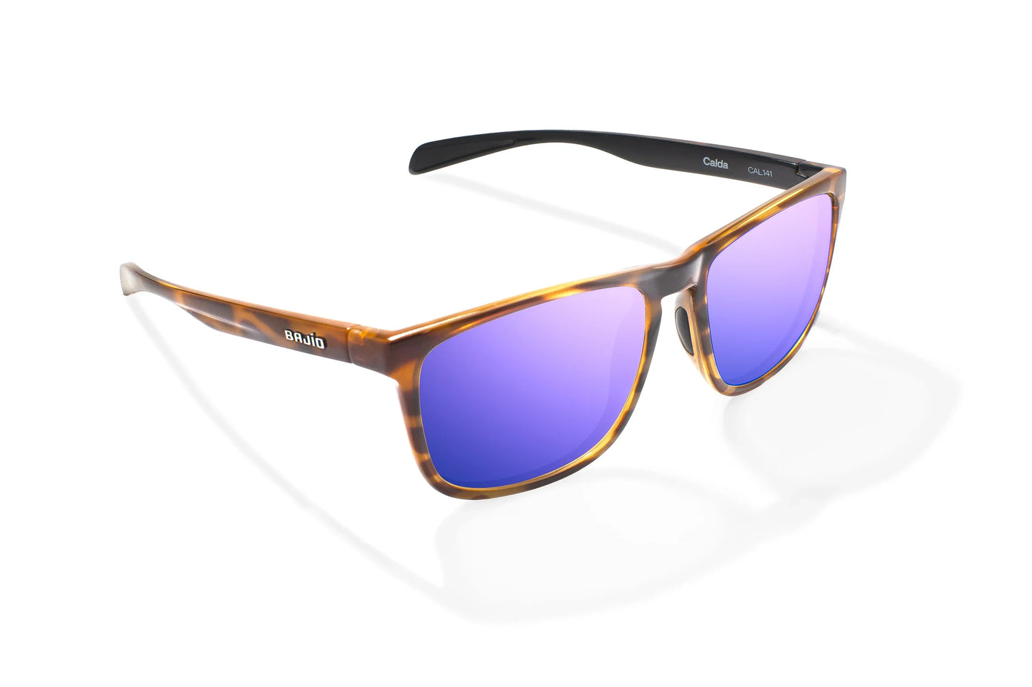 Bajio Calda Sunglasses - Angled View, Brown Tortoise Gloss Frame with Violet Mirror Lens