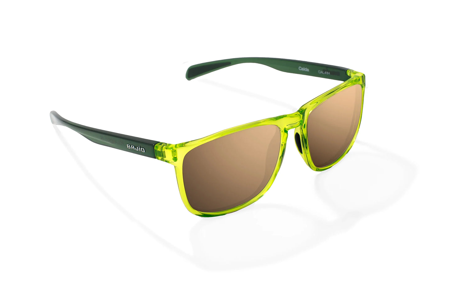 Bajio Calda Sunglasses - Angled View, Green Glass Gloss Frame with Copper Lens
