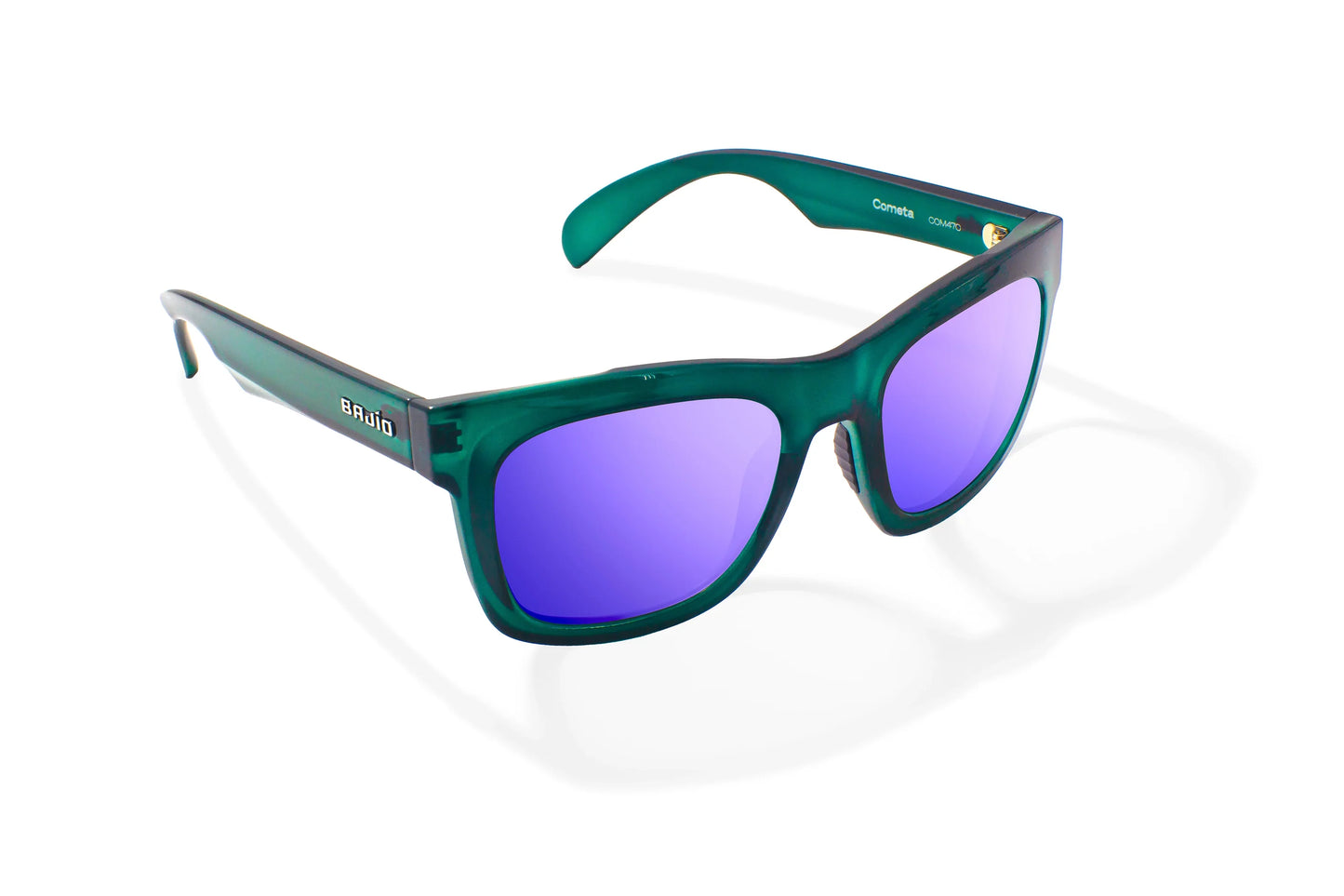 Bajio Cometa Sunglasses - Angled View, Teal Glass Gloss Frame with Violet Mirror Lens