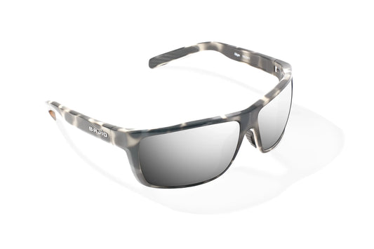 Bajio Sigs Sunglasses - Angled View, Ivory Tortoise Gloss Frame with Silver Mirror Lens