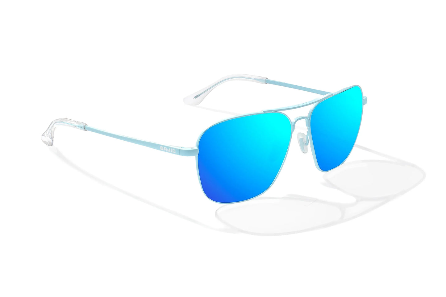 Bajio Snipes Sunglasses - Angled View, Light Blue Matte Frame with Blue Mirror Lens