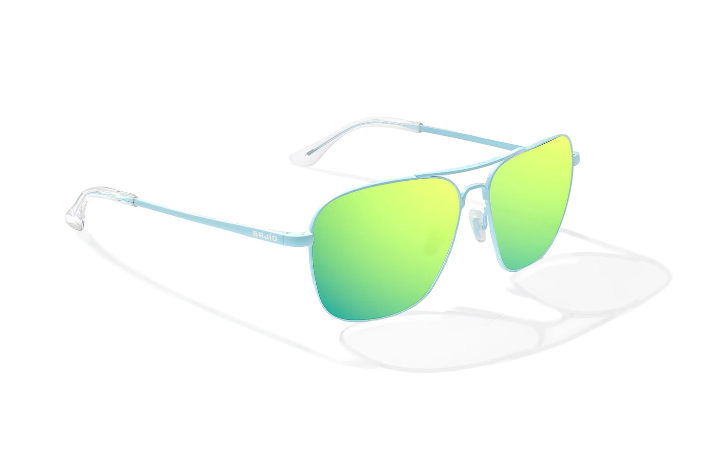 Bajio Snipes Sunglasses - Angled View, Light Blue Matte Frame with Green Mirror Lens