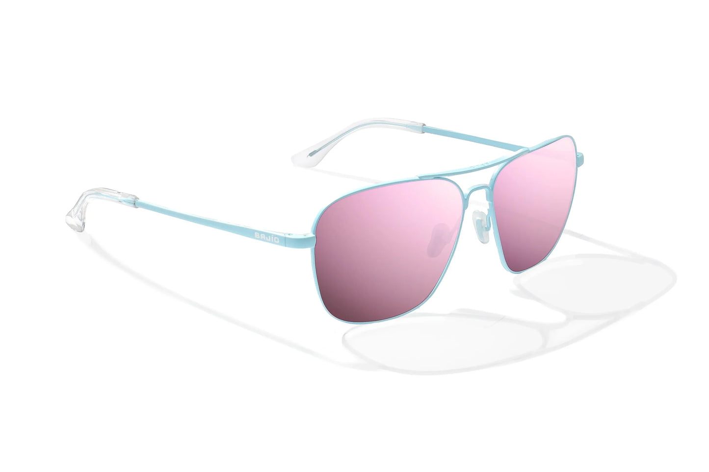 Bajio Snipes Sunglasses - Angled View, Light Blue Matte Frame with Rose Mirror Lens