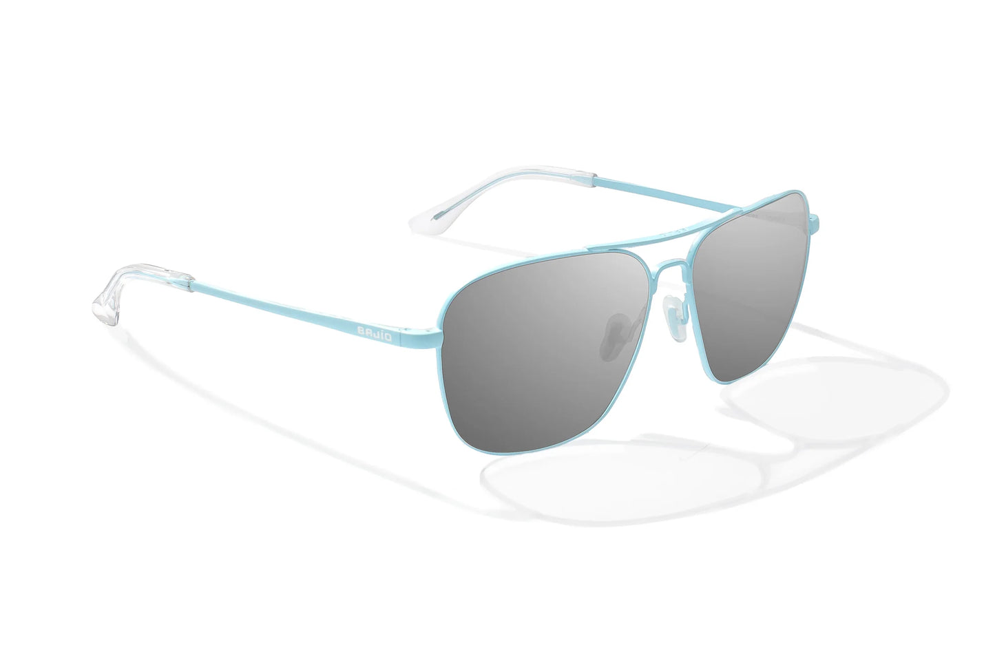 Bajio Snipes Sunglasses - Angled View, Light Blue Matte Frame with Silver Mirror Lens