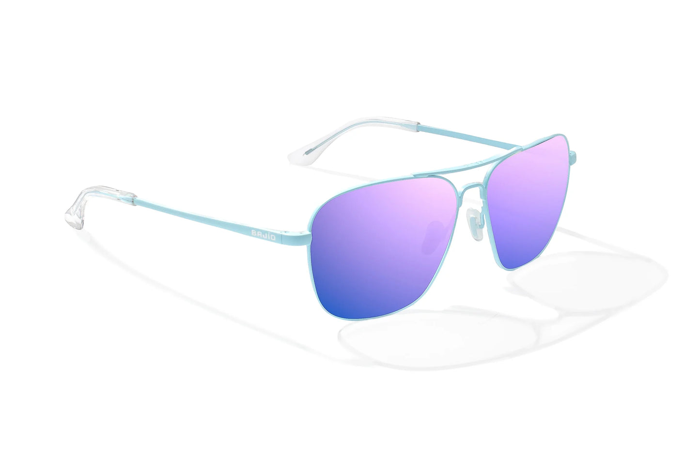 Bajio Snipes Sunglasses - Angled View, Light Blue Matte Frame with Violet Mirror Lens