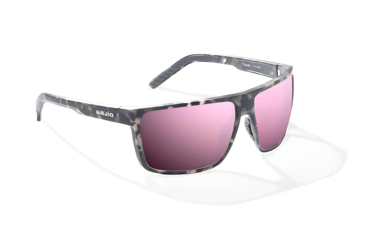 Bajio Toads Sunglasses - Angled View, Gray Rock Matte Frame with Rose Mirror Lens