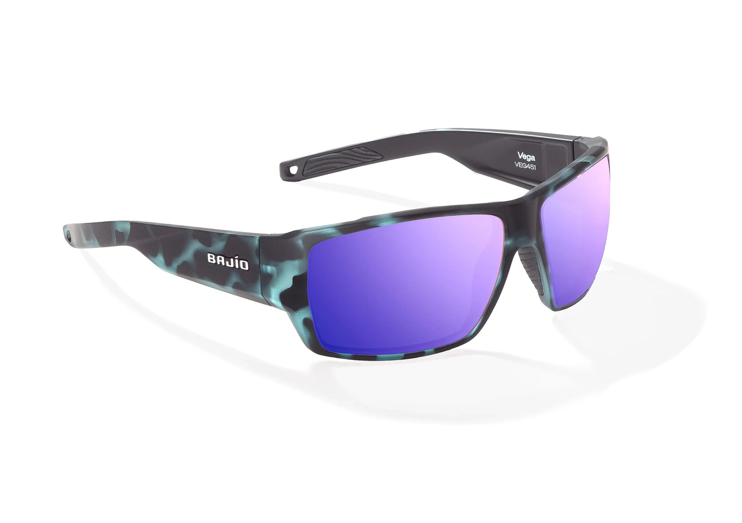 Bajio Vega Sunglasses - Angled View, Blue Water Matte Frame with Violet Mirror Lens