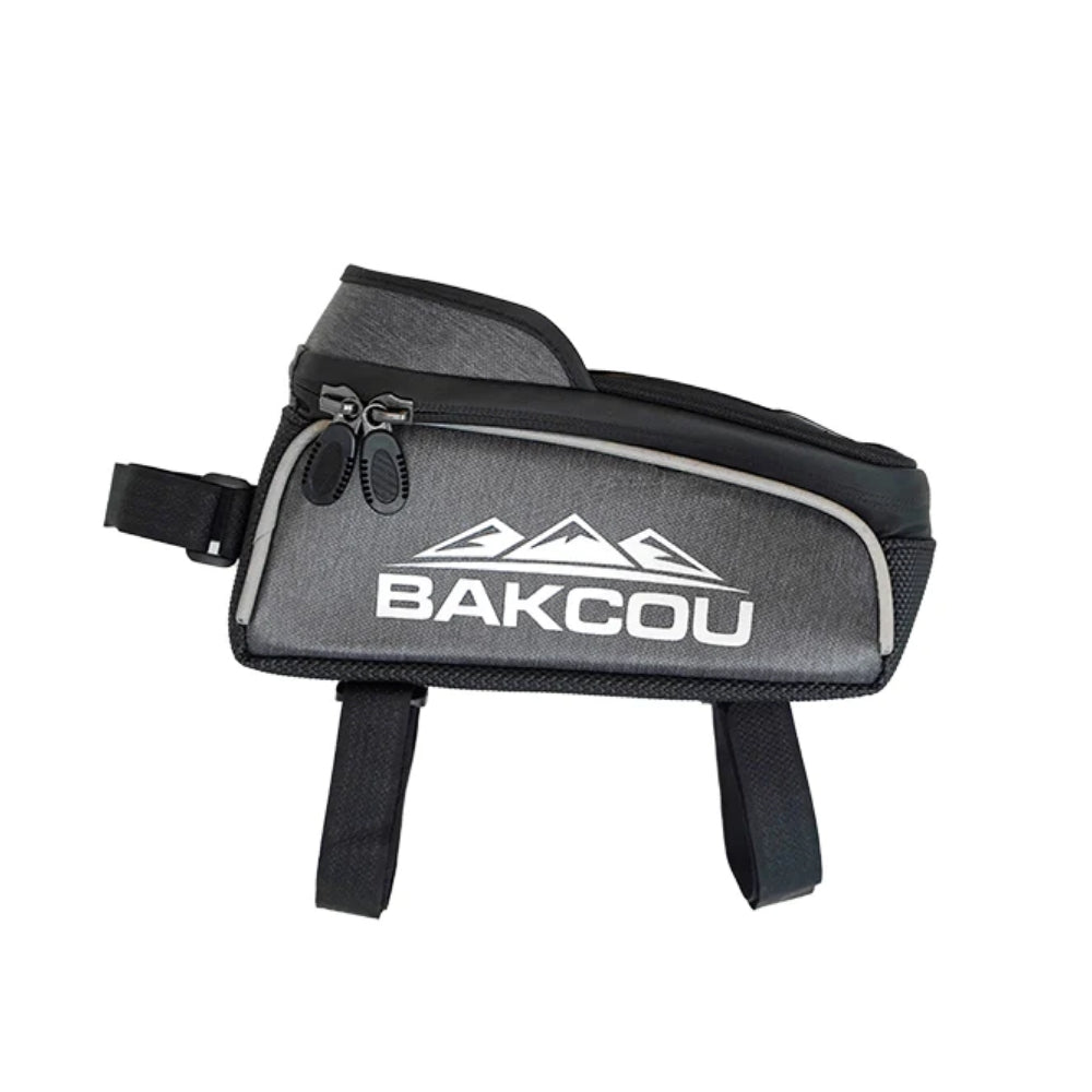 Side view of the Bakcou Phone Bag mounted on an e-bike top tube, showing the waterproof phone pouch and zippered storage compartment.