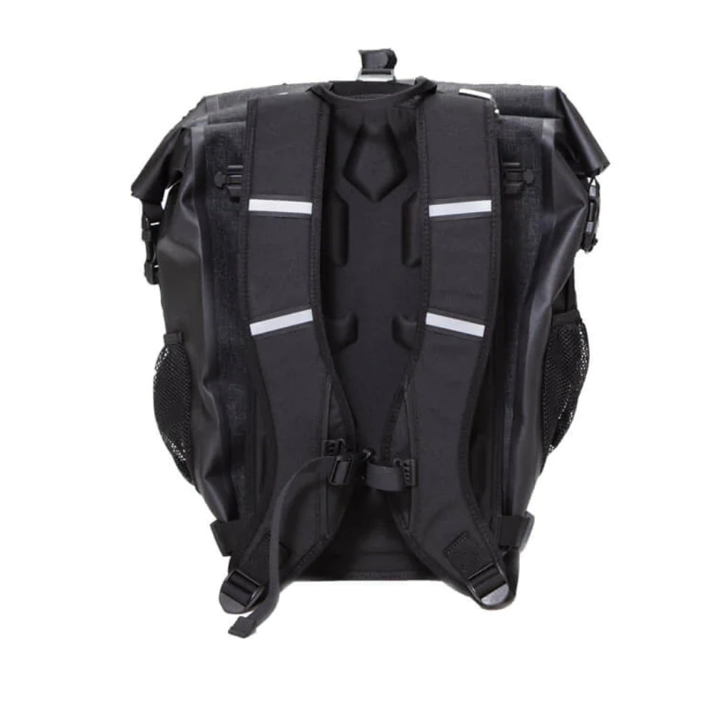 Back view of Bakcou Pannier Bags showing quick-release top clamps and lower side-specific clamp for a secure, no-swing fit on bike racks