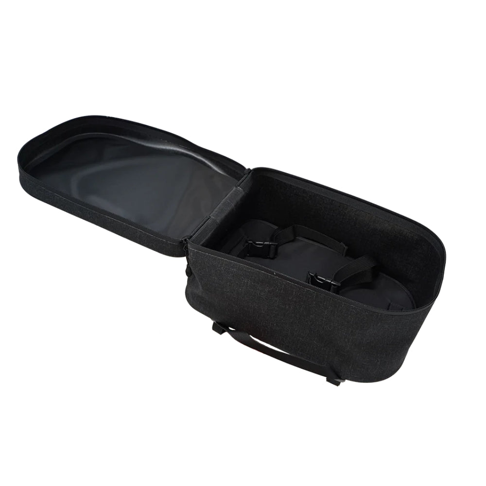 Inside Bakcou Large Top Pannier Bag designed for extra storage, with internal straps for securing a spare battery, repair kit, or additional gear