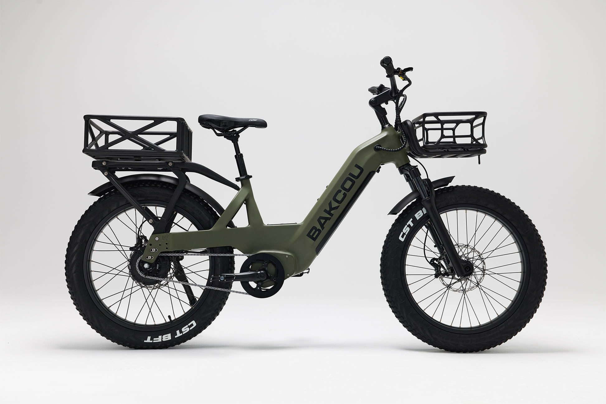 Bakcou Flatlander SD E-Bike – Side View, Passenger Side, Matte Army Green with Front and Rear Baskets