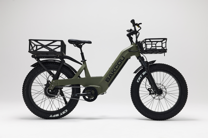 Bakcou Flatlander SD E-Bike – Side View, Passenger Side, Matte Army Green with Front and Rear Baskets