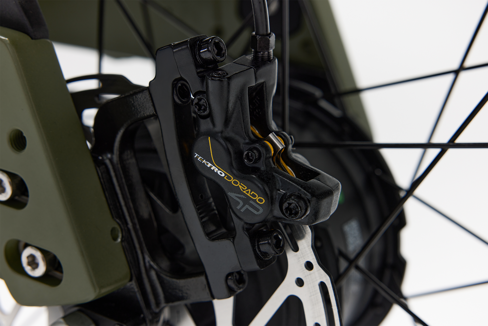 Bakcou Flatlander SD E-Bike – Angled Close-Up of Front Brake System, Matte Army Green