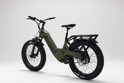Bakcou Flatlander SD E-Bike – Angled Rear View, Driver Side, Matte Army Green
