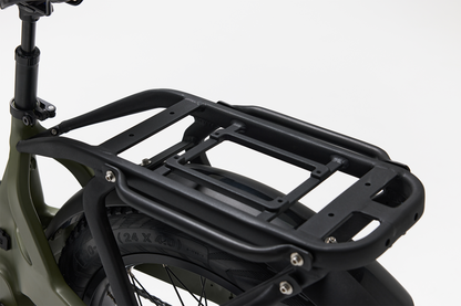 Bakcou Flatlander SD E-Bike – Rear Angled View Showing Rear Plate, Driver Side, Matte Army Green