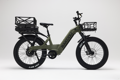 Bakcou Flatlander SD E-Bike – Side View, Passenger Side, Matte Army Green with Front & Rear Baskets and Battery