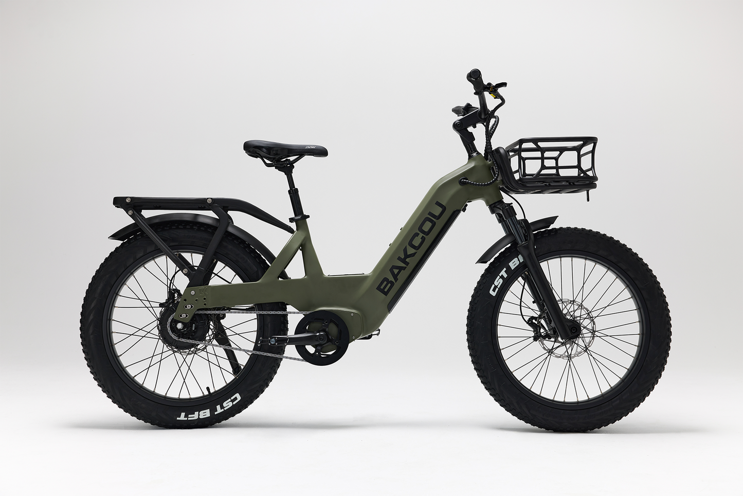 Bakcou Flatlander SD E-Bike – Side View, Passenger Side, Matte Army Green with Front Basket
