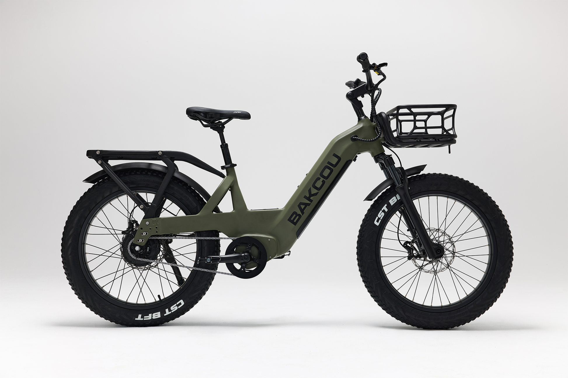 Bakcou Flatlander SD E-Bike – Side View, Passenger Side, Matte Army Green with Front Basket