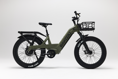 Bakcou Flatlander SD E-Bike – Side View, Passenger Side, Matte Army Green with Front Basket