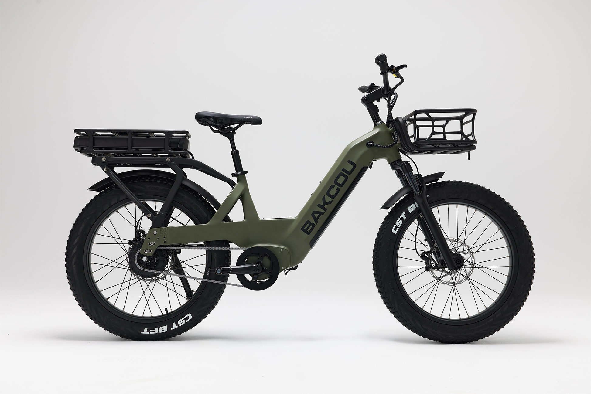 Bakcou Flatlander SD E-Bike – Side View, Passenger Side, Matte Army Green with Front Basket and Extra Battery