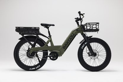 Bakcou Flatlander SD E-Bike – Side View, Passenger Side, Matte Army Green with Front Basket and Extra Battery