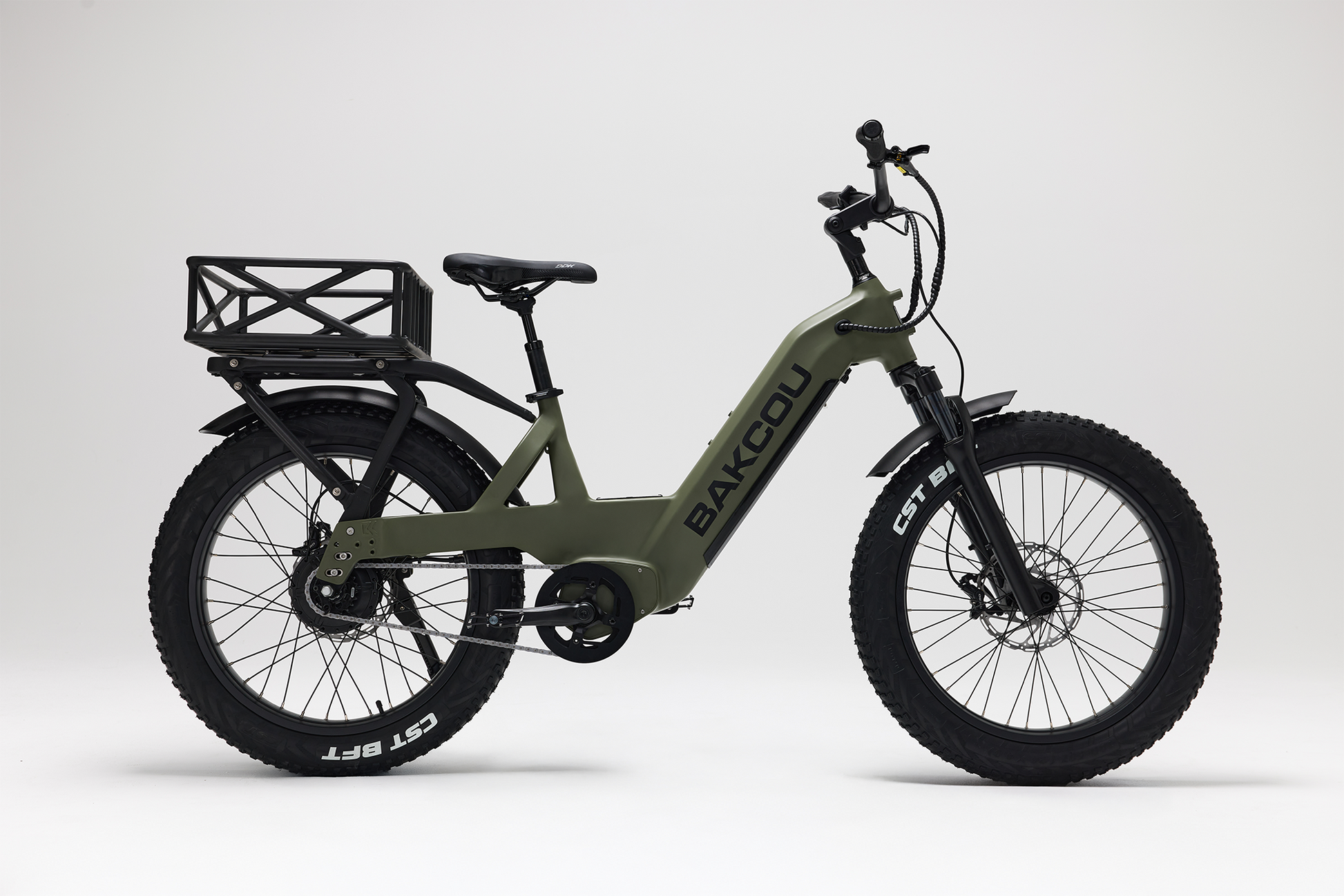 Bakcou Flatlander SD E-Bike – Side View, Passenger Side, Matte Army Green with Rear Basket