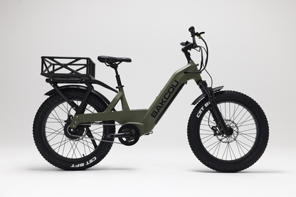 Bakcou Flatlander SD E-Bike – Side View, Passenger Side, Matte Army Green with Rear Basket