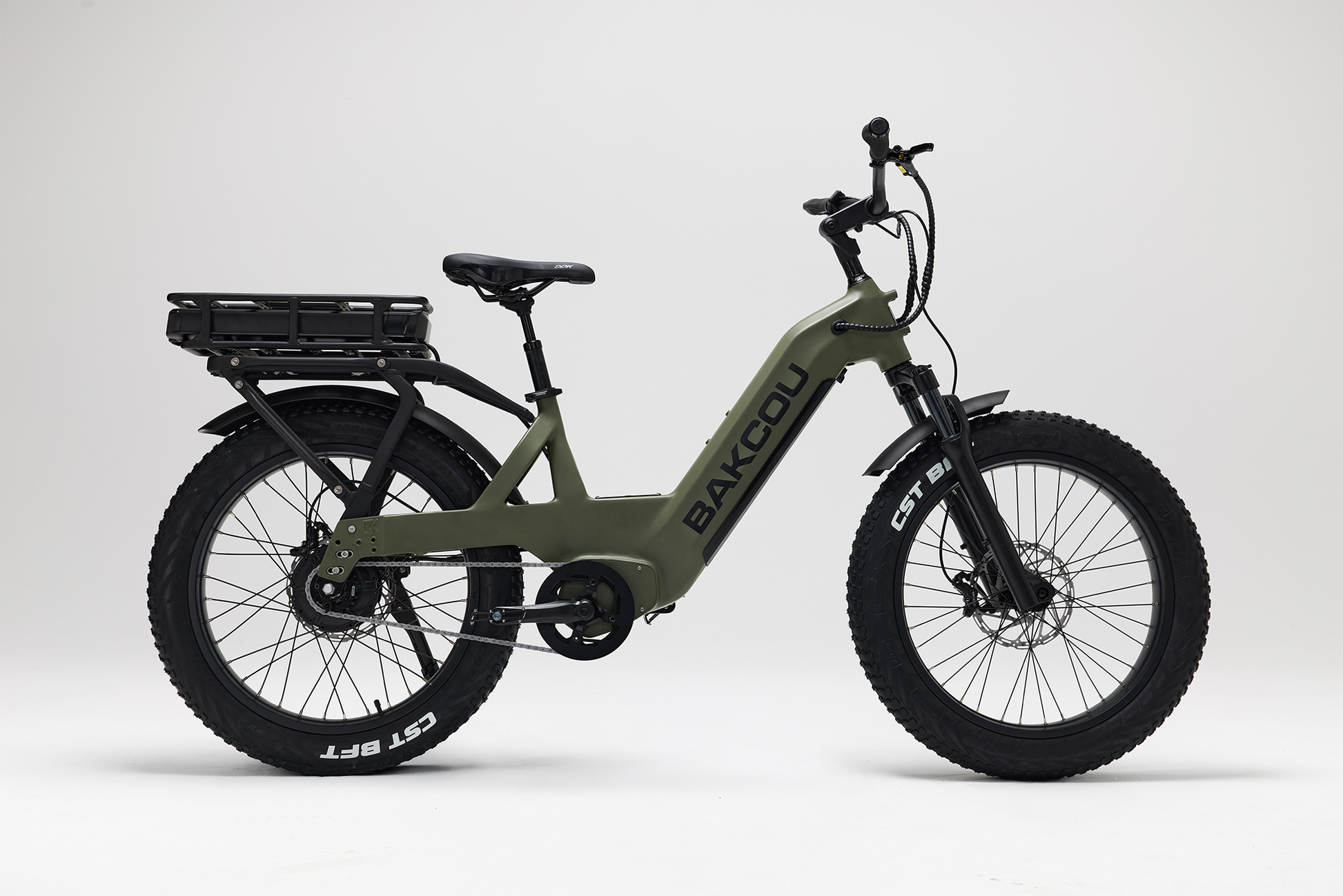 Bakcou Flatlander SD E-Bike – Side View Showing Battery, Passenger Side, Matte Army Green