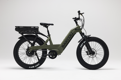 Bakcou Flatlander SD E-Bike – Side View Showing Battery, Passenger Side, Matte Army Green