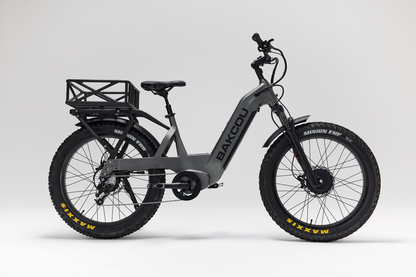 Bakcou Kodiak SD AWD E-Bike – Side View, Gun Metal Gray Frame with Rear Basket