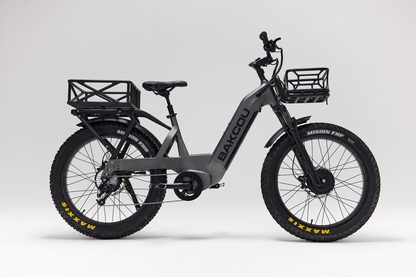 Bakcou Kodiak SD AWD E-Bike – Side View, Gun Metal Gray Frame with Front and Rear Baskets and Battery