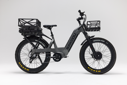 Bakcou Kodiak SD AWD E-Bike – Side View, Gun Metal Gray Frame with Front and Rear Baskets