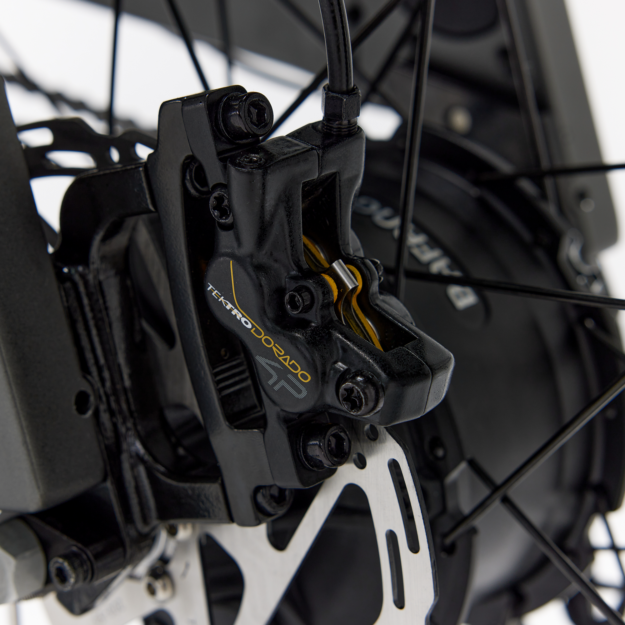 Bakcou Kodiak SD AWD E-Bike – Close-Up of Tektro Hydraulic Brake System, Gun Metal Gray Frame