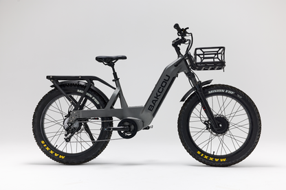 Bakcou Kodiak SD AWD E-Bike – Side View, Gun Metal Gray Frame with Front Basket