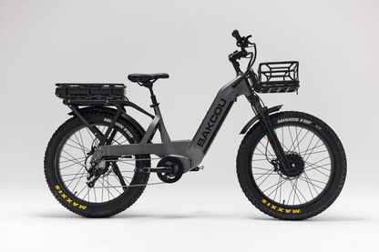 Bakcou Kodiak SD AWD E-Bike – Side View, Gun Metal Gray Frame with Front Basket and Battery