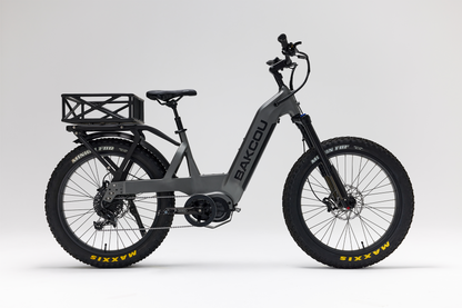 Bakcou Mule SD E-Bike – Side View, Passenger Side, Matte Gun Metal Gray Frame with Rear Basket