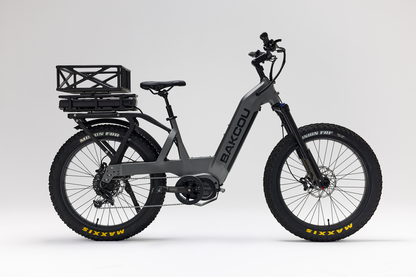 Bakcou Mule SD E-Bike – Side View, Passenger Side, Matte Gun Metal Gray Frame with Rear Basket and Battery