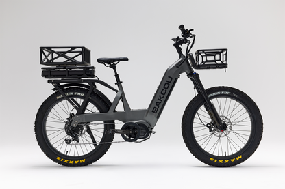 Bakcou Mule SD E-Bike – Side View, Passenger Side, Matte Gun Metal Gray Frame with Front & Rear Baskets and Battery
