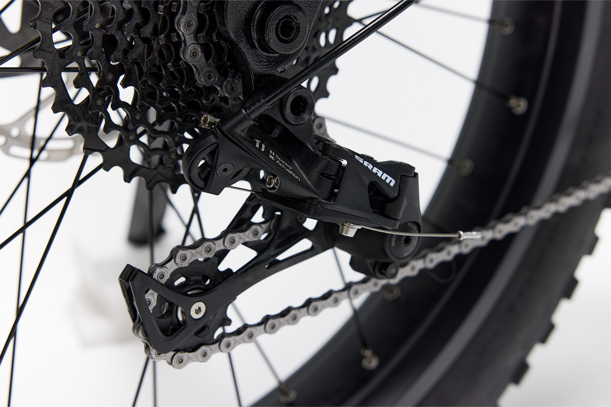 Bakcou Mule SD E-Bike – Close-Up of Rear Derailleur and Gear System, Matte Gun Metal Gray Frame