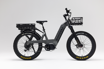 Bakcou Mule SD E-Bike – Side View, Passenger Side, Matte Gun Metal Gray Frame with Front Basket and Battery