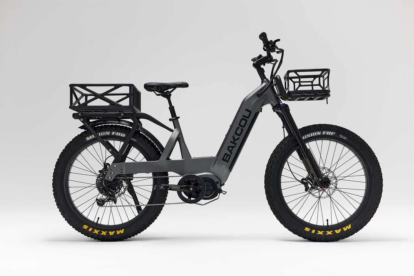 Bakcou Mule SD E-Bike – Side View, Passenger Side, Matte Gun Metal Gray Frame with Front and Rear Baskets