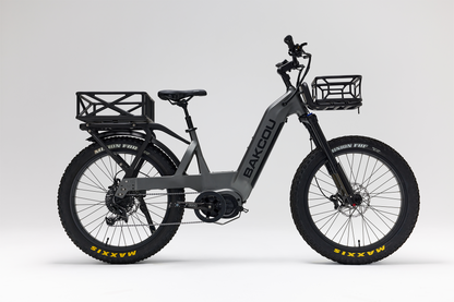 Bakcou Mule SD E-Bike – Side View, Passenger Side, Matte Gun Metal Gray Frame with Front and Rear Baskets