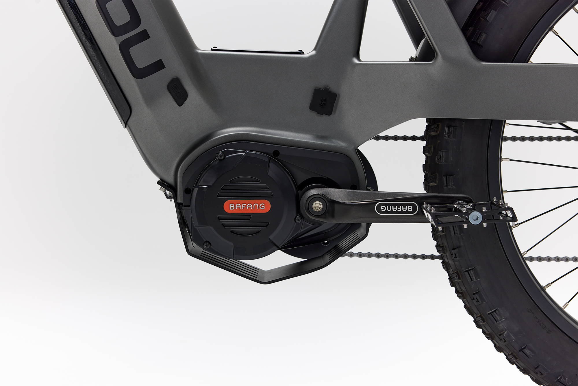 Bakcou Mule SD E-Bike – Close-Up of Bafang Ultra Mid-Drive Motor, Matte Gun Metal Gray Frame