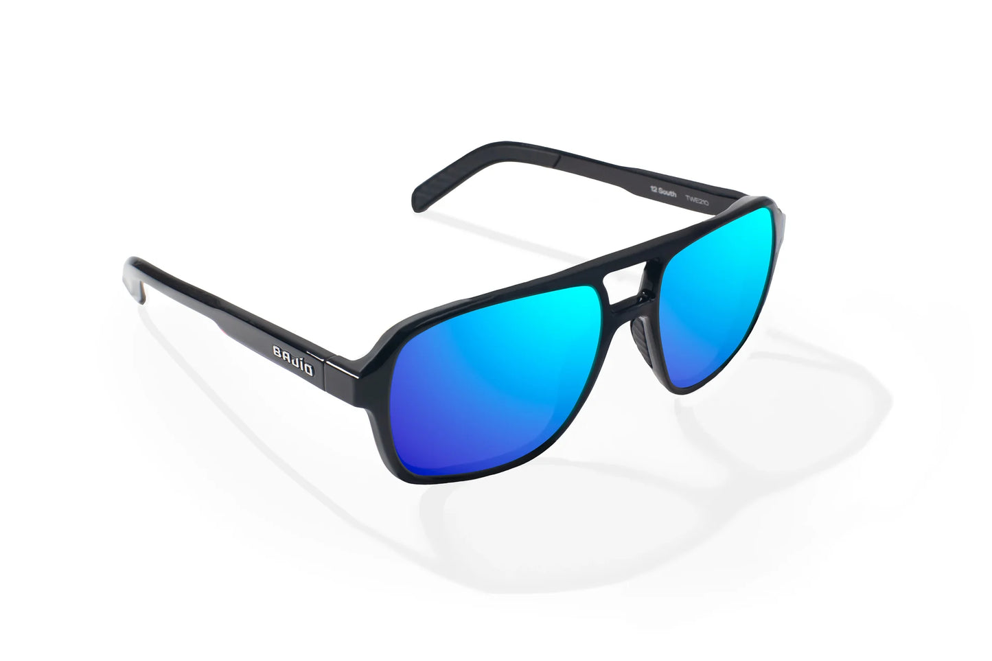 Bajio 12 South Sunglasses - Angled View, Black Gloss Frame with Blue Mirror Lens