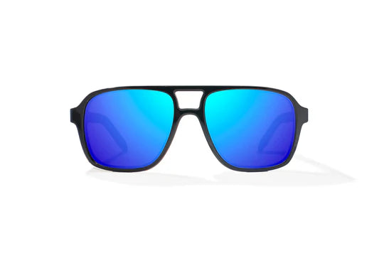 Bajio 12 South Sunglasses - Front View, Black Gloss Frame with Blue Mirror Lens